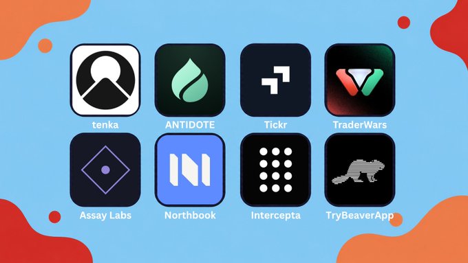 A graphic showing a 2x4 grid of eight app icons on a blue background with orange shapes: tenka, ANTIDOTE, Tickr, TraderWars, Assay Labs, Northbook, Intercepta, and TryBeaverApp.