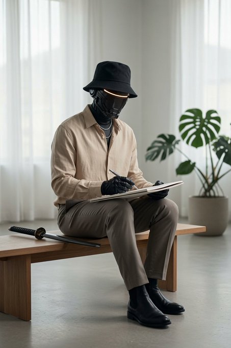A figure wearing a black bucket hat and a futuristic black and gold mask sits on a wooden bench, writing in a notebook with a katana resting beside them.