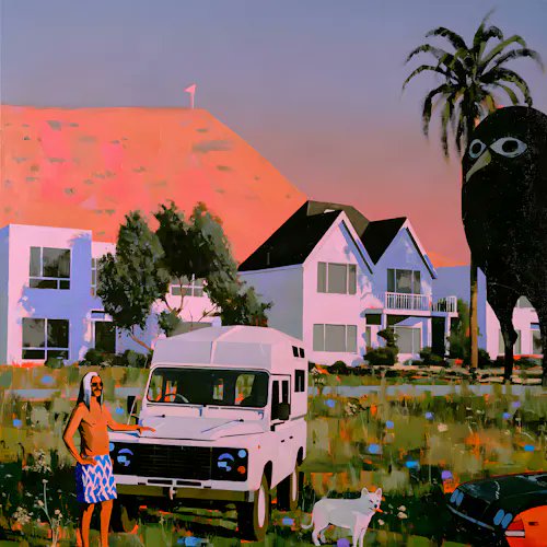 A painted scene featuring a man standing next to a white van with a camper shell, with a dog in a field of flowers, pink houses, a large mountain, and a giant crow-like bird in the background.