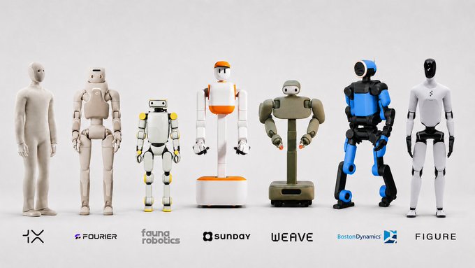 A lineup of seven humanoid and service robots from various robotics companies (1X, Fourier, Fauna Robotics, Sunday, Weave, Boston Dynamics, and Figure) are displayed side by side against a white background, each labeled with their respective company names. The image appears to showcase the leading humanoid robot platforms, likely highlighting how their data or value is now accessible via Solana through the Sunrise and Backpack platforms as mentioned in the post.