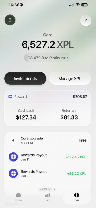The image shows a smartphone screen with an app called Core Card, which displays various rewards points and cashback options as well as information about a core card launch from @Plasma. The post suggests that there is an over $1000 cashback offer for Core Card users on Friday, October 23rd. Users can view details of this offer via the app or through the post shared by @PlasMafia. The message in the post also mentions a Core Card rewards payout of $12,300 and encourages users to take advantage of the opportunity over four months.