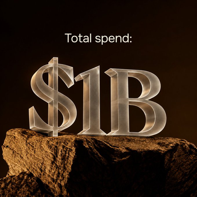 A dramatic 3D render showing glowing translucent "$1B" text atop a rocky surface, labeled "Total spend:" above.