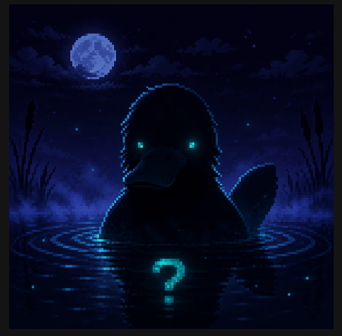A pixel art illustration of a dark duck-like creature with glowing teal eyes sitting in water under a full moon, with a glowing question mark reflection.