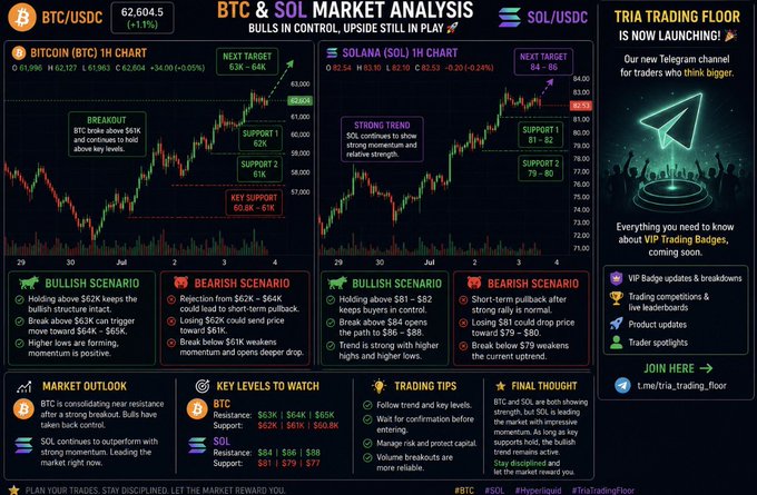 A detailed crypto market analysis infographic titled 'BTC & SOL MARKET ANALYSIS' showing BTC/USDC at 62,604.5 and SOL/USDC charts, bullish and bearish scenarios, key levels, and a 'TRIA TRADING FLOOR' Telegram announcement.