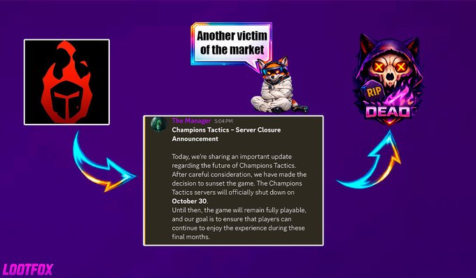 A graphic with a purple background shows a Discord-style announcement from 'The Manager' titled 'Champions Tactics - Server Closure Announcement,' flanked by an armor icon, an 'RIP DEAD' skull logo, and speech bubbles reading 'Another victim of the market' and 'LOOTBOX'.
