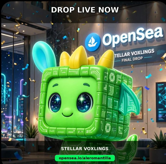 An advertisement for 'Stellar Voxlings - Final Drop' on OpenSea, featuring a green cubical dragon-like creature with sparkly blue eyes and the URL 'opensea.io/aleromantilla'.