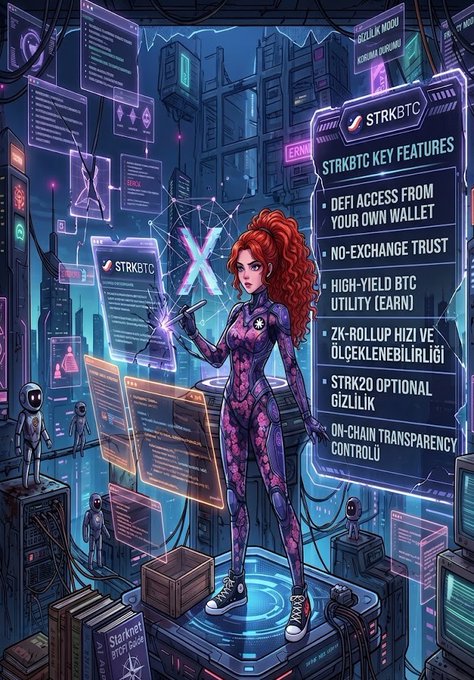 A vibrant cyberpunk-style digital illustration features a red-haired woman in a futuristic purple bodysuit standing on a holographic platform in a neon-lit tech environment. To her right, an info panel displays 'STRKBTC KEY FEATURES' listing 'DEFI ACCESS FROM YOUR OWN WALLET,' 'NO-EXCHANGE TRUST,' 'HIGH-YIELD BTC UTILITY (EARN),' 'ZK-ROLLUP HIZI VE ÖLÇEKLENEBİLİRLİĞİ,' 'STRK20 OPTİONAL GİZLİLİK,' and 'ON-CHAIN TRANSPARENCY CONTROLÜ.' The 'STRKBTC' token ticker appears throughout the scene alongside additional UI panels and smaller robot figures in the background.