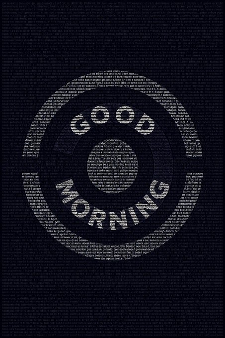 A typographic art piece spelling out 'GOOD MORNING' arranged in a circular shape with a stylized coffee mug, set against a background of small printed text.