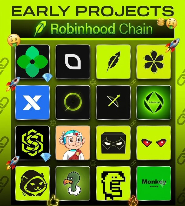 The image displays a promotional graphic titled "EARLY PROJECTS Robinhood Chain," featuring a 4x4 grid of various crypto project logos including a green flower, a "D" symbol, a feather, a clover, an "X," a crescent moon, arrows, the Robinhood logo, a hexagonal design, a monkey character, a cat-like face, pixel hearts, a hooded figure, an eagle, a pixelated dinosaur, and "Monkey Hood." The graphic visually represents the earliest and most promising projects on the Robinhood Chain ecosystem, aligning with the post's callout about upcoming DeFi and infrastructure opportunities before mainstream attention arrives.