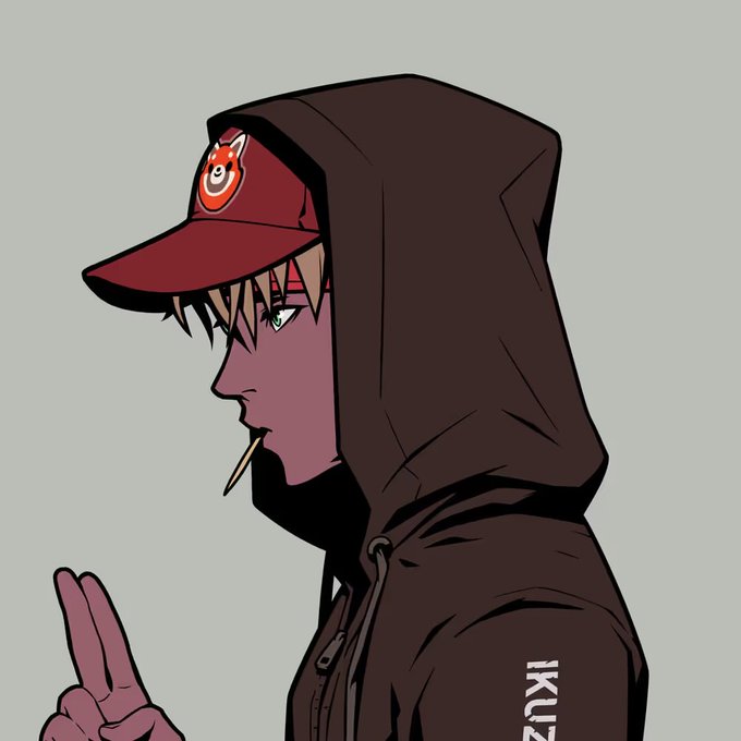 A profile-view illustration of an anime-style character wearing a dark hoodie and red cap, smoking a cigarette, with 'IKUZ' text visible at the bottom.