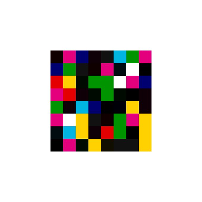 An abstract digital artwork composed of a grid of brightly colored, pixelated squares in shades of pink, green, yellow, blue, red, black, and white.