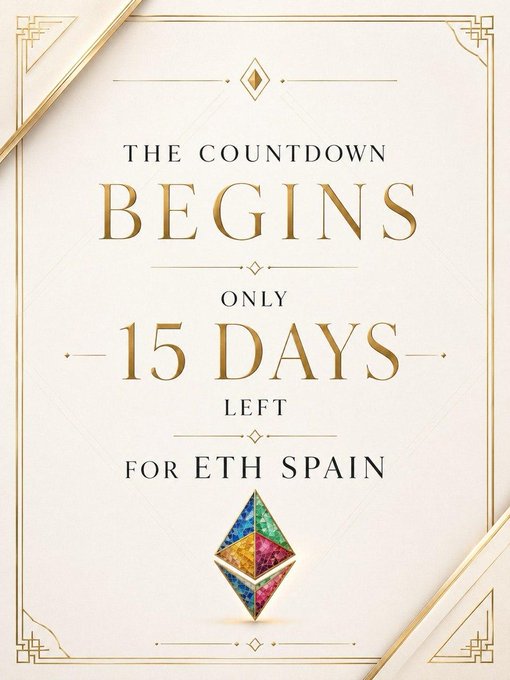 An elegant gold and white poster reads 'THE COUNTDOWN BEGINS ONLY 15 DAYS LEFT FOR ETH SPAIN' with an Ethereum logo at the bottom.