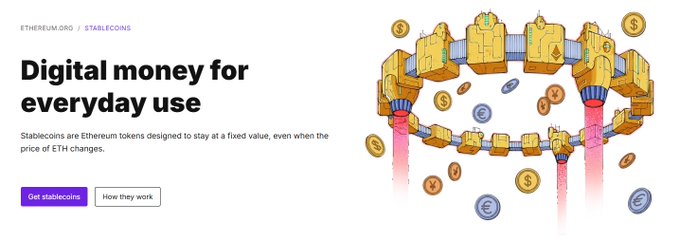 A promotional banner for Ethereum's stablecoins titled "Digital money for everyday use," explaining that stablecoins are Ethereum tokens designed to maintain a fixed value even as ETH prices fluctuate, illustrated by a ring of fortress-like structures with currency symbols ($, €, £) floating around it, visually reinforcing the post's message of stable, digital money for easy 24/7 transfers.