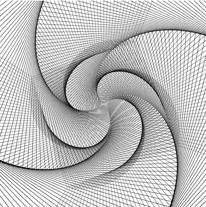 An abstract black and white geometric line art piece featuring a spiral or pinwheel pattern.