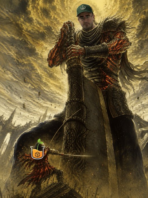 A towering figure reminiscent of Maliketh from Elden Ring looms over a tiny armored warrior, while a person's face—wearing a green cap with a small white logo—has been edited onto the giant. The post humorously frames the image as a depiction of overwhelming legal or financial pressure, with the massive figure representing newly filed issues and the small defender representing someone named @Rob1Ham joining a discussion.