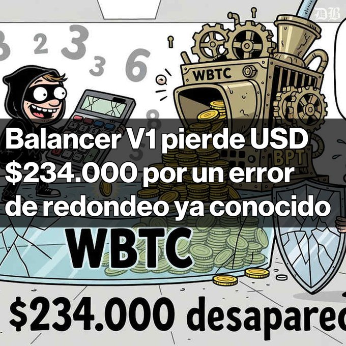 A Spanish-language news graphic stating 'Balancer V1 pierde USD $234.000 por un error de redondeo ya conocido' with 'WBTC $234.000 desaparec...' text overlaid on an illustration of a hooded figure and a coin machine.
