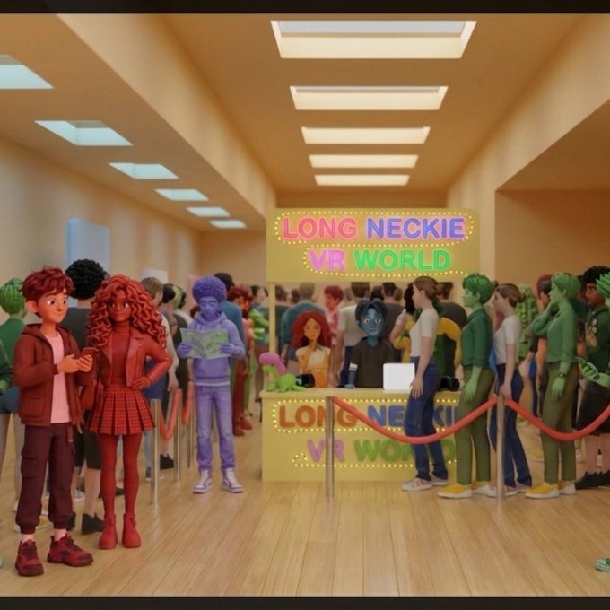 A 3D animated scene of diverse colorful characters lined up at a ticket counter labeled 'LONG NECKIE VR WORLD' with red velvet ropes.