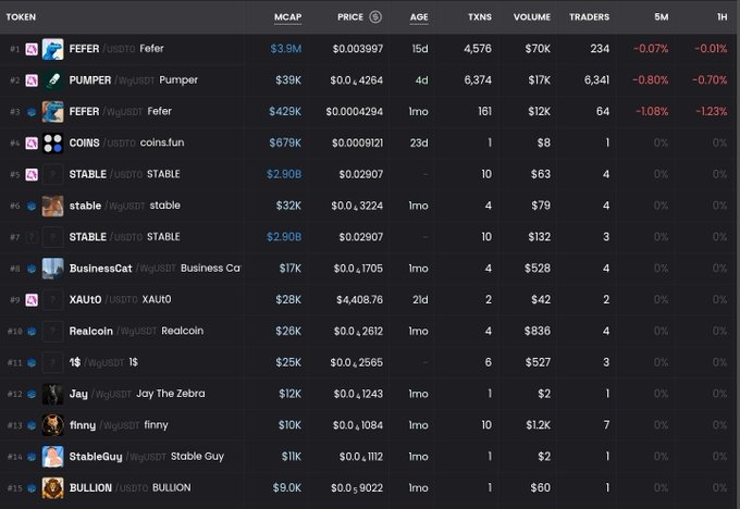 A dark-themed cryptocurrency token leaderboard displays columns for TOKEN, MCAP, PRICE, AGE, TXNS, VOLUME, TRADERS, 5M, and 1H, with 'FEFER' topping the list with a $3.9M market cap, followed by 'PUMPER' and other tokens like 'STABLE', 'COINS', and 'BusinessCat'.