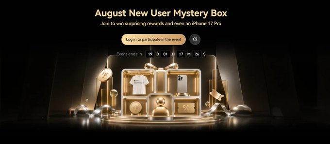 A promotional banner for an 'August New User Mystery Box' event with a countdown timer, offering rewards including an iPhone 17 Pro, t-shirt, and other items.