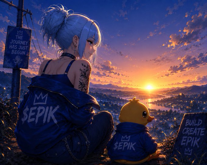 An anime-style illustration of a blue-haired character and a small yellow creature wearing jackets labeled "$EPIK", sitting at sunset near a sign reading "THE JOURNEY HAS JUST BEGUN".