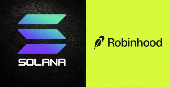 A side-by-side graphic displaying the Solana logo on a black background alongside the Robinhood logo on a neon green background, visually linking the "STONK ON SOLANA" launchpad milestone with Robinhood's involvement or comparison in the crypto space.
