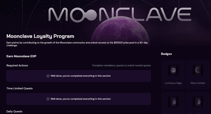 A webpage screenshot for the "Moonclave Loyalty Program" showing XP earning sections, badges like "Luminous Sage" and "Moon Initiate," and references to a $10,000 prize pool in a 30-day challenge.