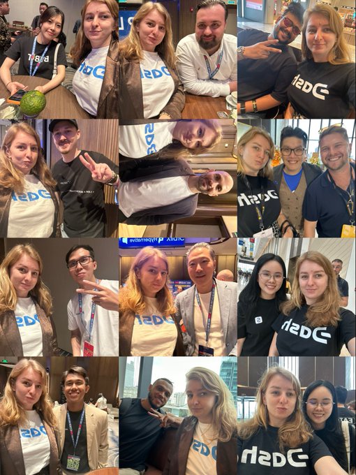 A photo collage of a woman with blonde hair posing with various people at what appears to be an AZDC conference or event, with attendees wearing branded t-shirts.