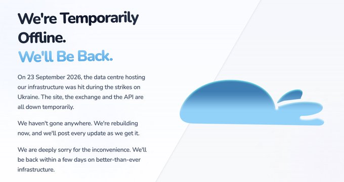 An offline notice message stating "We're Temporarily Offline. We'll Be Back," explaining that the data center was affected by strikes on Ukraine on 23 September 2026.