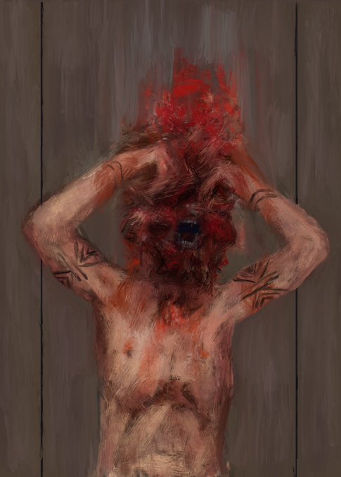 The image features a painting of a person with tattoos, who appears to be naked or partially clothed. The person has red hair and is holding their head up high above their shoulders. The painting is done in an impressionistic style, which gives it a unique and artistic look. The artist's signature can also be seen at the bottom right corner of the image.