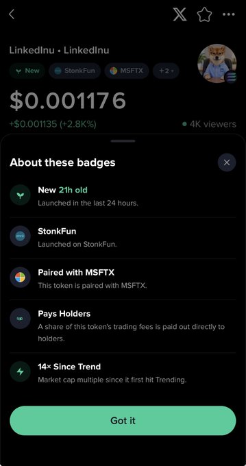 A Moby app screen displaying the LinkedInu token (priced at $0.001176, +2.83%) shows a pop-up explaining badge features, including "New 21h old," "StonkFun," "Paired with MSFTX," "Pays Holders," and "14× Since Trend," illustrating how tapping the top badges reveals key token details like launchpad, trading pair, holder airdrops, and market performance.