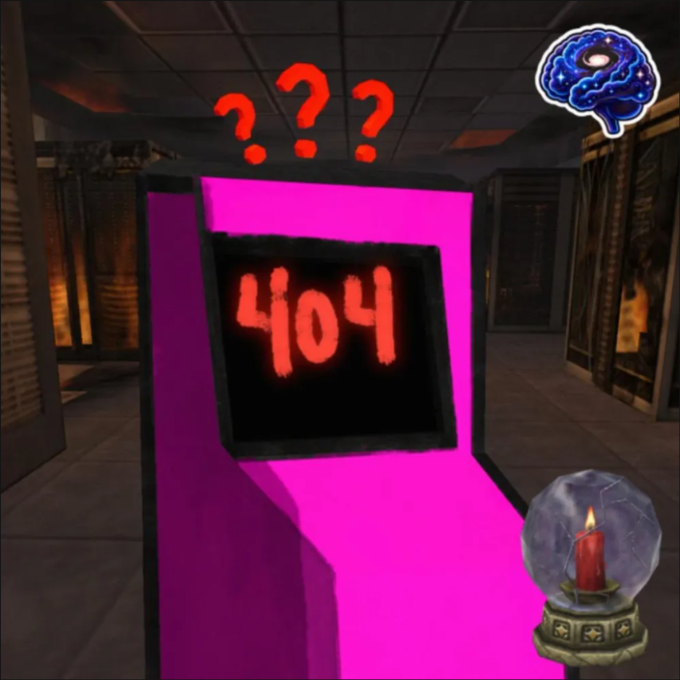 A screenshot from a video game featuring a bright pink machine with the number '404' on its screen, accompanied by red question marks above it.