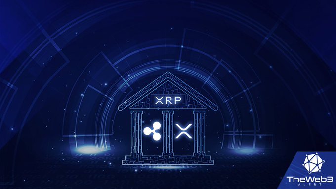 Digital graphic featuring the Ripple (XRP) cryptocurrency logo on a classical building/temple illustration with a blue cosmic background, branded with 'TheWeb3 Alert' logo.