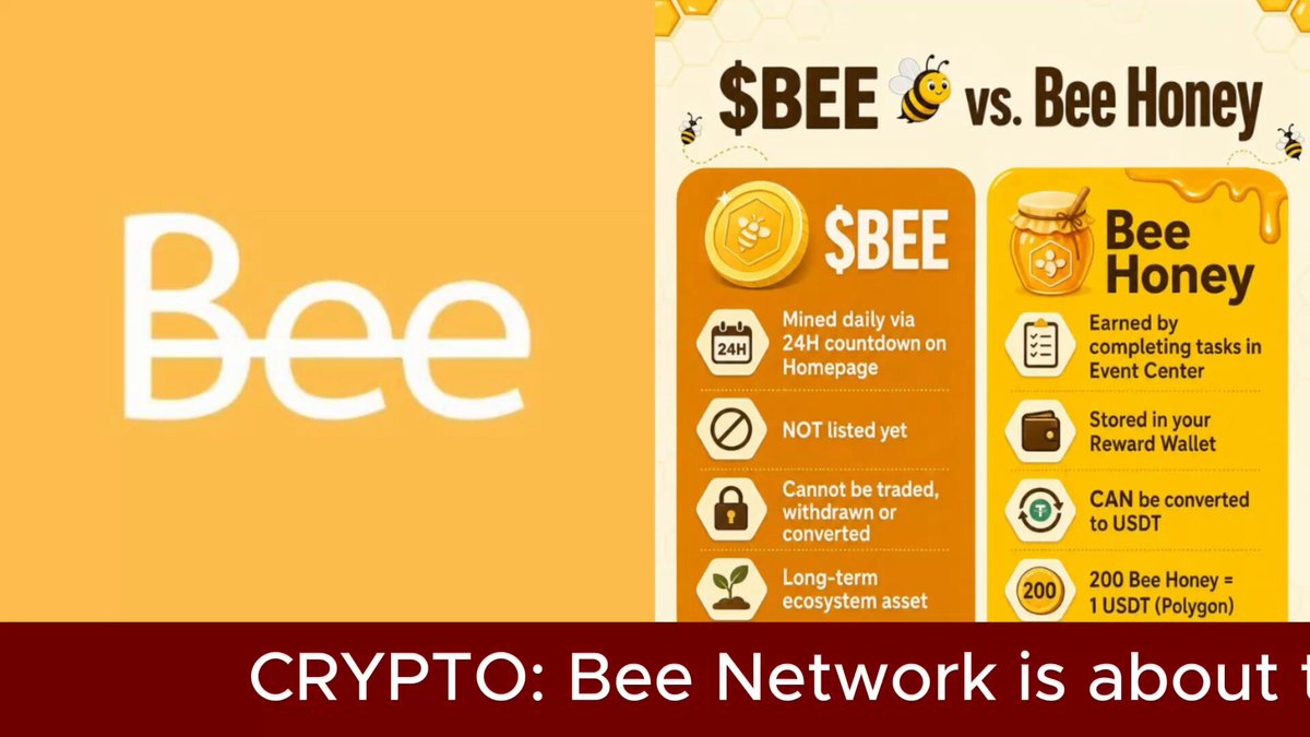 The image features a poster for Bee Honey that includes information about the cryptocurrency. The poster displays the text "bee network" and "crypto: bee network is about", indicating the connection between the two subjects. The poster also contains a list of reasons why someone should invest in Bee Honey, such as earning rewards from the app or converting to Bitcoin.