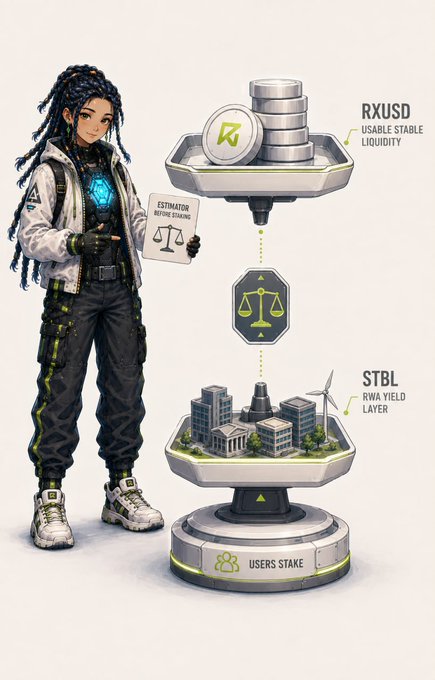 An illustrated infographic featuring a female character in techwear holding an 'Estimator' document, next to a diagram showing 'RXUSD USABLE STABLE LIQUIDITY' connected to a balance scale and an 'STBL RWA YIELD LAYER' supported by 'USERS STAKE'.