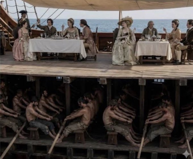 A split image contrasting wealthy aristocrats in fine clothing dining on a ship's upper deck with emaciated, chained men rowing as galley slaves below deck.