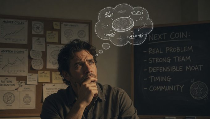 A man sits in thought in a dimly lit room, surrounded by charts and notes about 'MARKET CYCLES', 'ADOPTION S-CURVE', and 'PATTERN RECOGNITION' on a corkboard, with a thought bubble showing 'NEXT MOVE?', 'UTILITY?', 'TIMING?', and 'NARRATIVE?' next to a blackboard listing 'NEXT COIN:' criteria including 'REAL PROBLEM', 'STRONG TEAM', and 'COMMUNITY'.