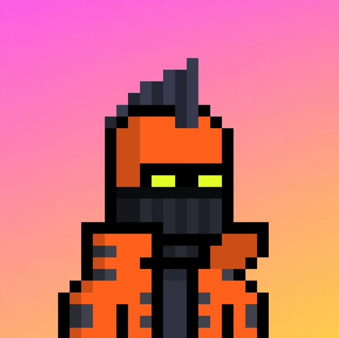 A pixel art illustration of a red-armored knight or warrior with glowing green eyes against a pink and orange gradient background.