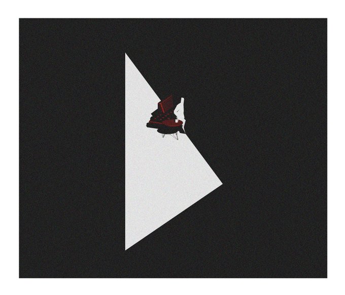 A minimalist image featuring a white triangle on a black background with a small dark figure appearing to break through or emerge from its center.
