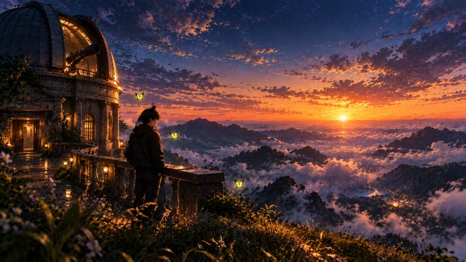 A scenic digital artwork showing a person with a backpack standing at the edge of a stone balcony near an observatory, watching a vivid sunset over clouds and mountains.