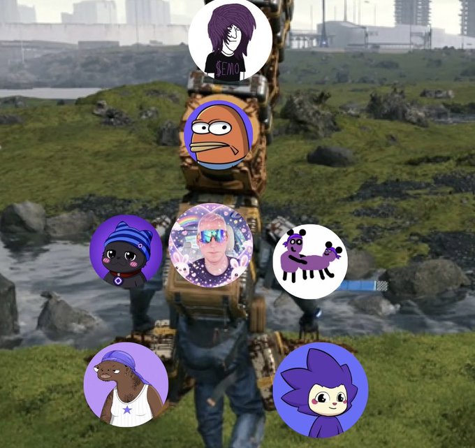 A video game screenshot of a mech in a grassy landscape, overlaid with various circular profile pictures of cartoon characters, fish, and people arranged around it.