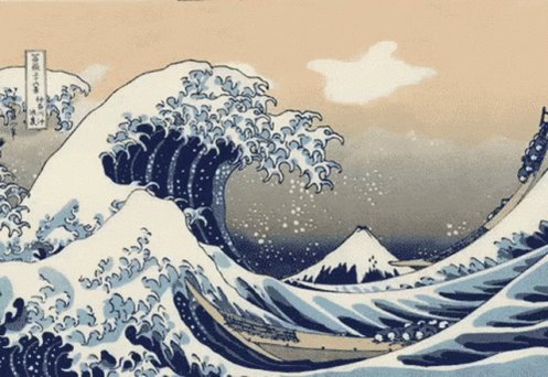 The image features a large, blue wave crashing against a mountain range with snow-capped peaks. The scene appears to be from an old painting or illustration, as indicated by the presence of Japanese characters. The caption "The damage is done. #XRP #RCT" suggests that there might have been some sort of accident or event related to the wave's impact on the mountains and possibly other nearby structures.