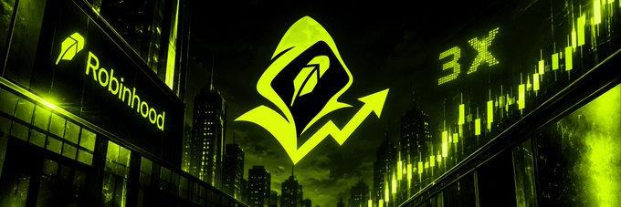 A green-themed promotional graphic features the Robinhood logo with an upward arrow, a '3X' symbol, and stock candlestick charts against a city skyline background.