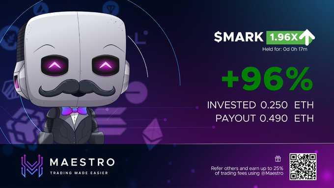 A promotional graphic for 'MAESTRO TRADING MADE EASIER' features a robot character with a mustache and glowing purple eyes, highlighting a '$MARK' investment showing +96% returns with 'INVESTED 0.250 ETH' and 'PAYOUT 0.490 ETH,' along with a referral QR code.