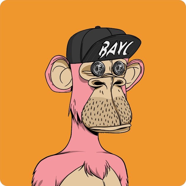 A cartoon illustration of a pink ape with a Bored Ape Yacht Club aesthetic, wearing a black cap with 'BAYC' written in white graffiti-style text and silver chain-link eyes, set against an orange background.