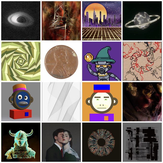 A 4x4 grid of 16 diverse images including a black hole, a cityscape, a pixel art wizard, NFTs, a pixel art monkey, and other digital art pieces.