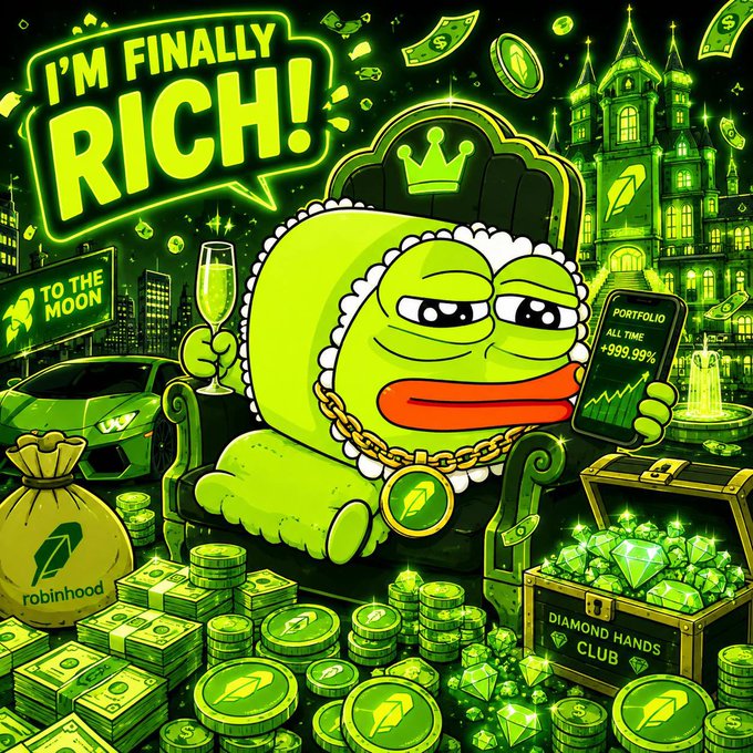 A cartoon green frog character wearing a gold chain and crown sits on a throne, holding a champagne glass and a phone showing 'PORTFOLIO ALL TIME +999.99%', surrounded by money and gems, with text 'I'M FINALLY RICH!', 'TO THE MOON', and 'DIAMOND HANDS CLUB'.