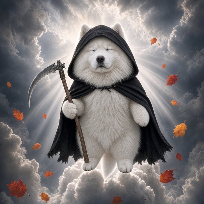 A whimsical digital artwork of a fluffy white dog dressed as a grim reaper with a black hood and scythe, floating in clouds surrounded by falling autumn leaves.