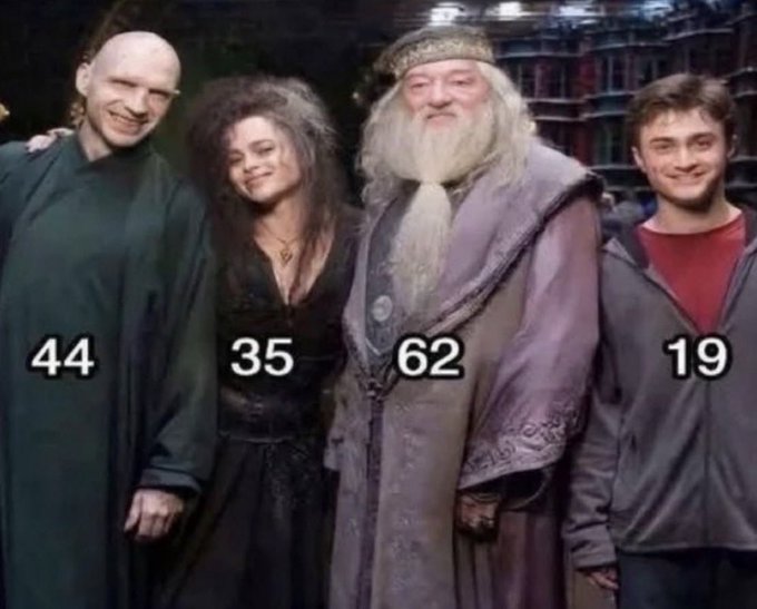A meme from Harry Potter showing characters with numbers: a man in Slytherin robes (44), Bellatrix (35), Dumbledore (62), and Harry Potter (19).
