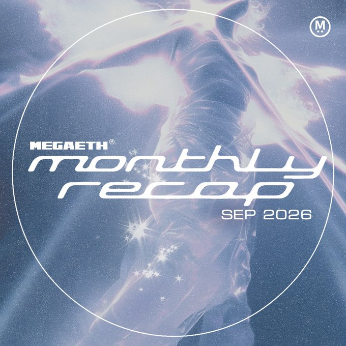 A dreamy purple-toned cover for "MEGAETH monthly recap SEP 2026" featuring a glowing figure silhouetted against a starry, ethereal sky, with a MegaEth "M" logo in the top right corner—tying into the post's overview of September's ecosystem updates across MNX, Monster, Protofire, Flux, and more.