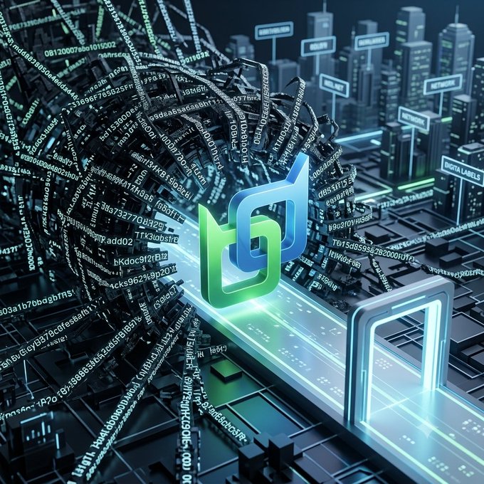 A futuristic digital artwork showing a glowing 3D logo on a circuit board pathway, with data streams and holographic 'DIGITAL LABELS' rising from a cityscape background.